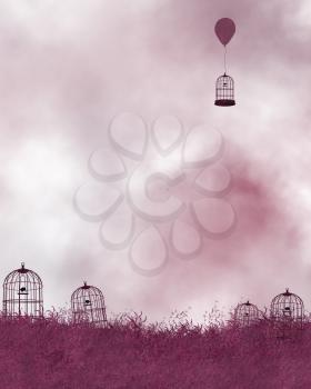 Royalty Free Clipart Image of a Pink Background With Bird Cages