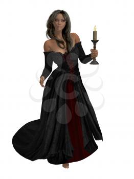 Royalty Free Clipart Image of a Woman in a Black Gown Holding a Candle