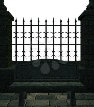Royalty Free Clipart Image of a Metal Fence With Stone Pillars