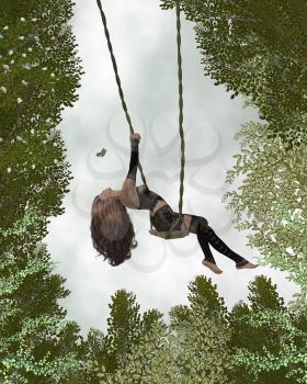 Royalty Free Clipart Image of a Woman in the Forest on a Swing