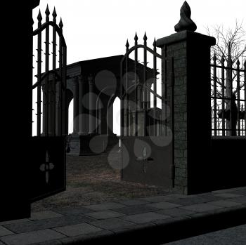 Royalty Free Clipart Image of a Building Behind a Gate