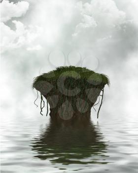 Royalty Free Clipart Image of a Cliff in the Water With Clouds