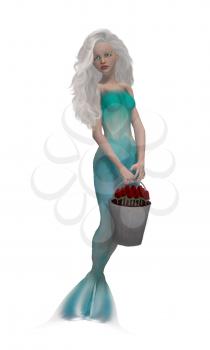Royalty Free Clipart Image of a Mermaid With a Bucket of Flowers