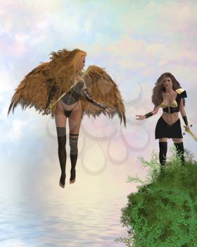 Royalty Free Clipart Image of a Woman Warrior and an Archangel