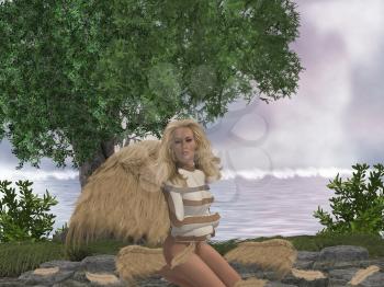 Royalty Free Clipart Image of an Angel in a Straight Jacket in the Woods