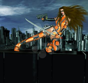Royalty Free Clipart Image of a Warrior Woman in Front of a City