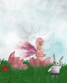Royalty Free Clipart Image of a Fairy in a Cracked Egg With a Waving Rabbit