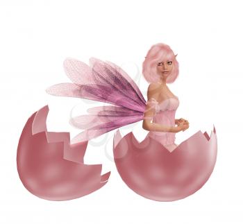 Royalty Free Clipart Image of a Fairy in a Cracked Eggshell