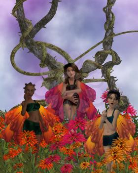 Royalty Free Clipart Image of Three Fairies in Flowers