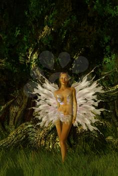 Royalty Free Clipart Image of a Glittering Fairy in a Forest