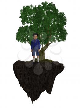 Royalty Free Clipart Image of a Little Boy Next to a Tree