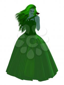 Royalty Free Clipart Image of a Girl in a Gown Holding a Bird