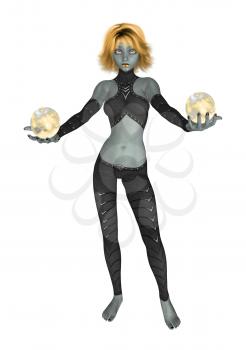 Royalty Free Clipart Image of a Goth Girl Holding Crystal Balls