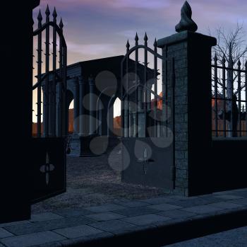 Royalty Free Clipart Image of a Gated Cemetery