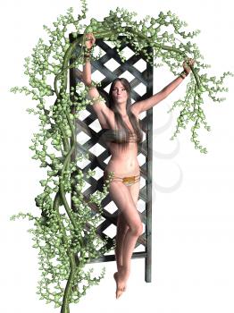 Royalty Free Clipart Image of a Woman Hanging on to a Vine at an Arbour
