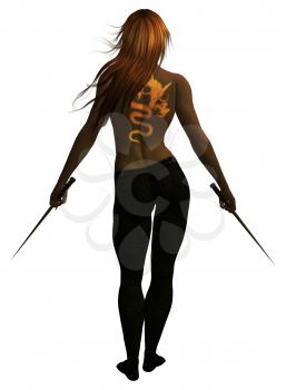 Royalty Free Clipart Image of a Woman Holding Swords