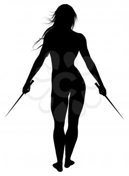 Royalty Free Clipart Image of a Woman Holdings Two Swords