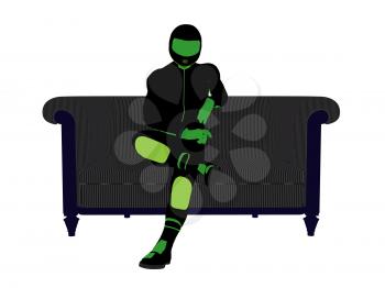 Royalty Free Clipart Image of a Motorcyclist on a Couch