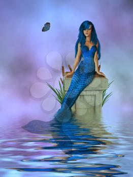 Royalty Free Clipart Image of a Mermaid on a Pedestal in the Water