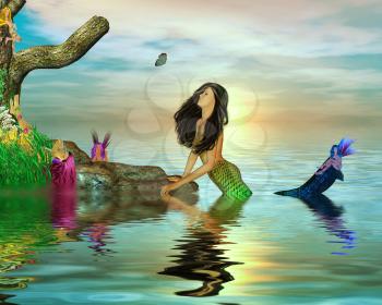 Royalty Free Clipart Image of a Mermaid and Fairies