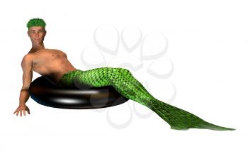 Lime green merman sitting on an inner tube