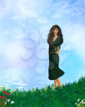 Royalty Free Clipart Image of a Woman in a Green Dress Beside Water