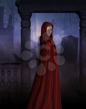 Royalty Free Clipart Image of a Gothic Girl in a Red Cape