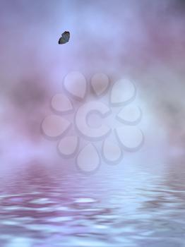 Royalty Free Clipart Image of a Butterfly Over a Misty Ocean