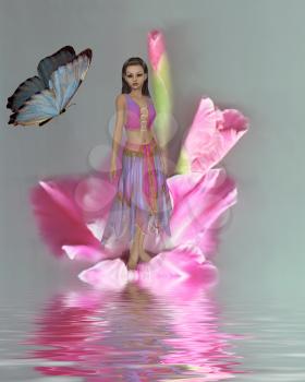 Royalty Free Clipart Image of a Fairy in a Flower With a Butterfly Overhead