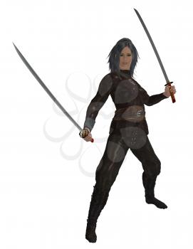 Woman standing holding two swords