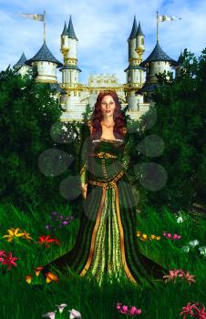 Royalty Free Clipart Image of a Princess in Front of a Castle