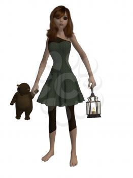 Royalty Free Clipart Image of a Girl With a Teddy Bear and Lantern