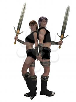 Warrior barbarian couple standing side by side holding swords