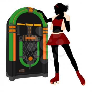 Royalty Free Clipart Image of a Woman on Roller Skates Next to a Jukeboxd