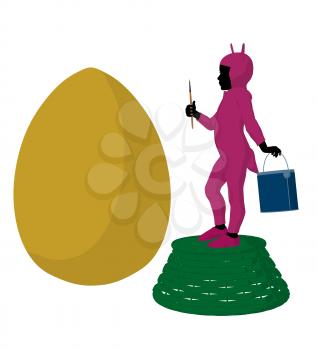 Royalty Free Clipart Image of a Child in a Bunny Costume Painting an Egg