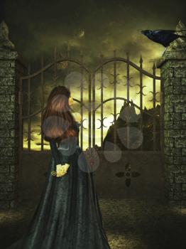 Royalty Free Clipart Image of a Woman Standing at a Gate Looking at a Crow