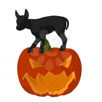 Royalty Free Clipart Image of a Black Dog on a Carved Pumpkin