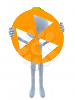Royalty Free Clipart Image of a 3D Guy in a Hardhat Holding a Hazard Sign