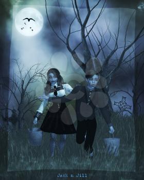 Royalty Free Clipart Image of a Gothic Boy and Girl Running in the Woods With Buckets