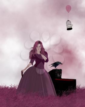 Woman standing in a field of pink grass next to a crow.