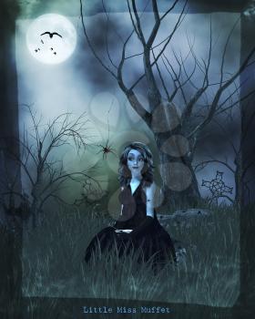 Royalty Free Clipart Image of a Little Girl in a Spooky Setting