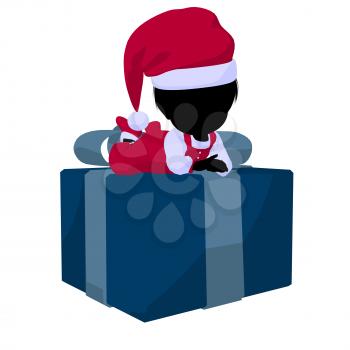 Royalty Free Clipart Image of a Little Girl in a Santa Costume With a Gift