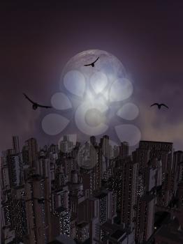 Royalty Free Clipart Image of Crows Flying Over a City