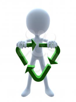 Royalty Free Clipart Image of a 3D Guy With a Recycling Symbol