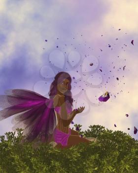 African american fairy holding rose petals