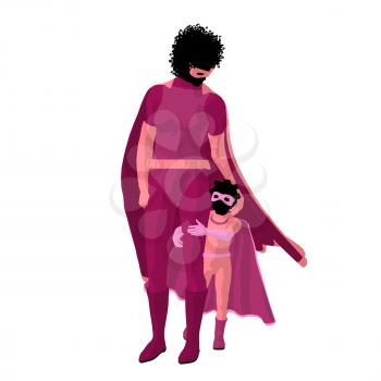 African american super hero mom with child silhouette on a white background