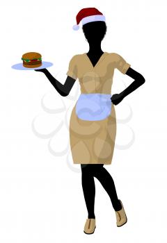 Royalty Free Clipart Image of a Waitress in a Santa Hat