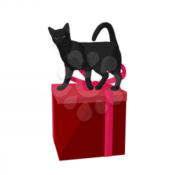 Royalty Free Clipart Image of a Black Cat and a Gift 