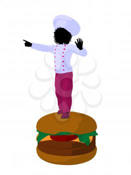 Royalty Free Clipart Image of a Girl Chef on a Hamburger