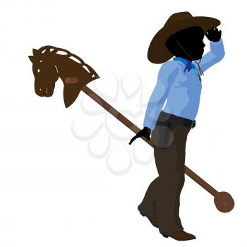 Royalty Free Clipart Image of a Little Cowboy and Toy Horse